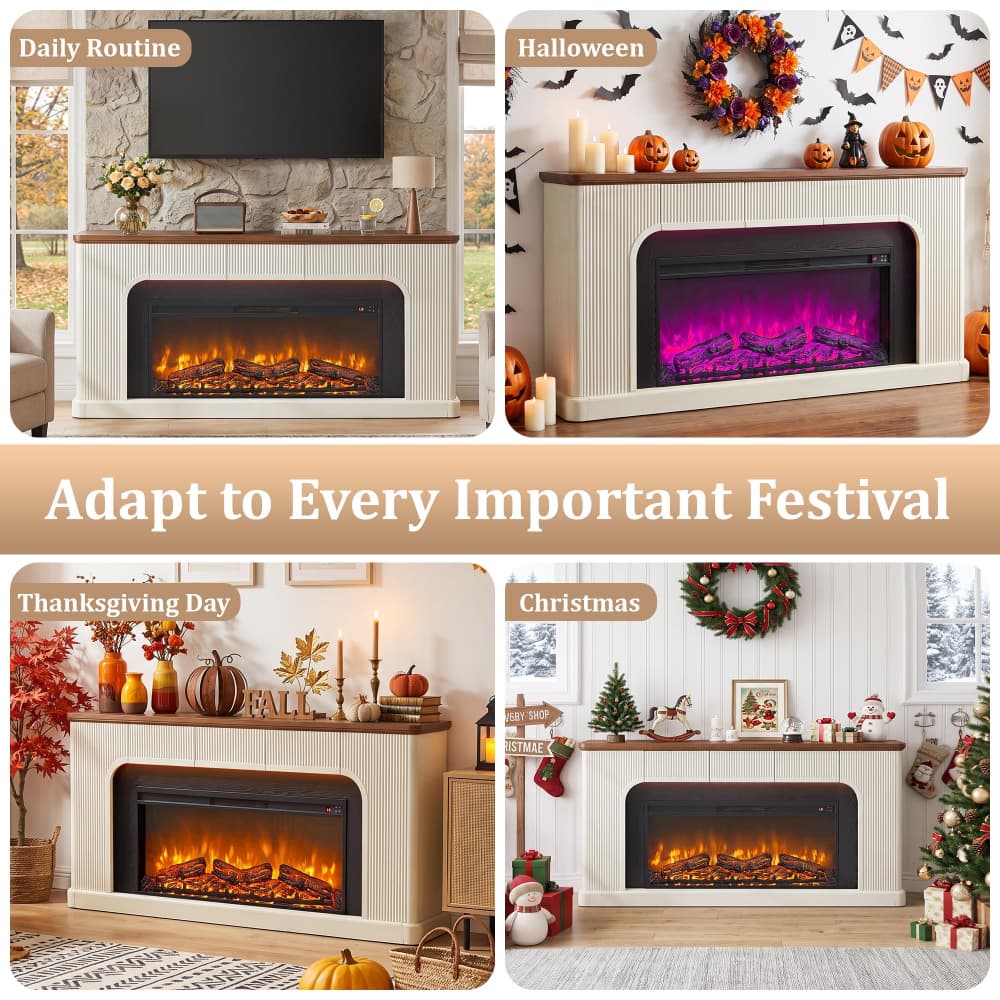 A four-panel promotional collage showing an electric fireplace mantel styled for different holidays: Daily Routine, Halloween, Thanksgiving Day, and Christmas. The mantel is cream-colored with a wood-look top and a black fireplace insert displaying glowing orange flames and logs.