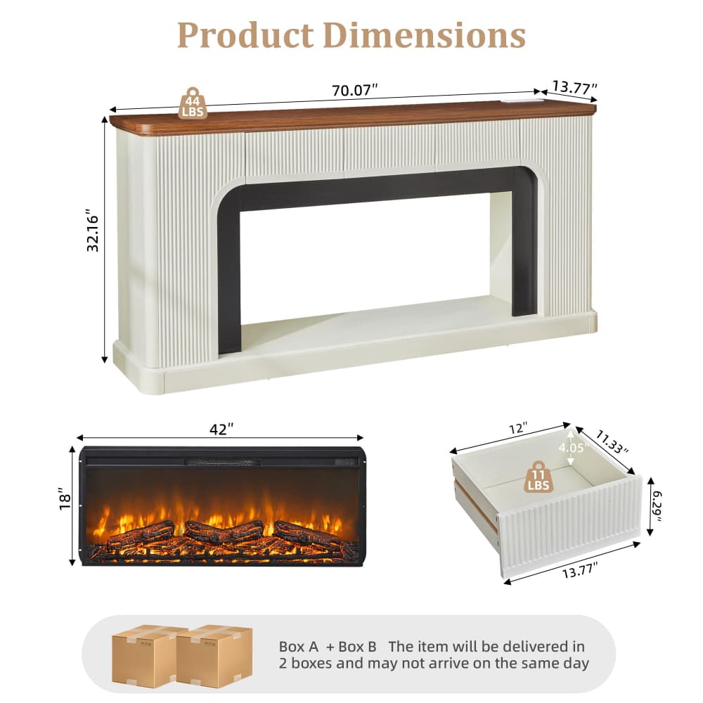 White 70" Fluted Fireplace TV Stand with 42'' Electric Fireplace for 65, 75, 80 inch TV