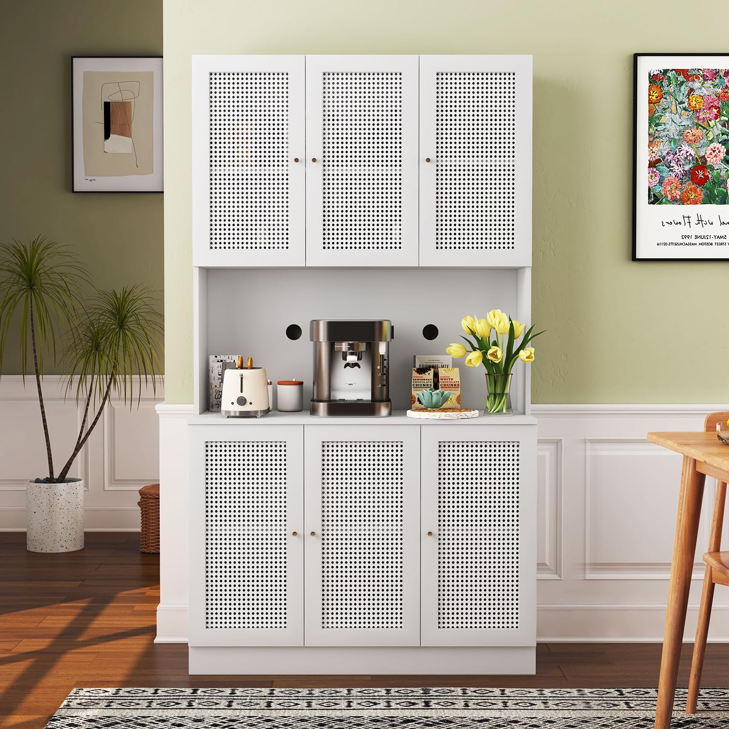 White 70"Tall Freestanding Metal Rattan Cabinet Kitchen Pantry Cabinet with 6 Doors