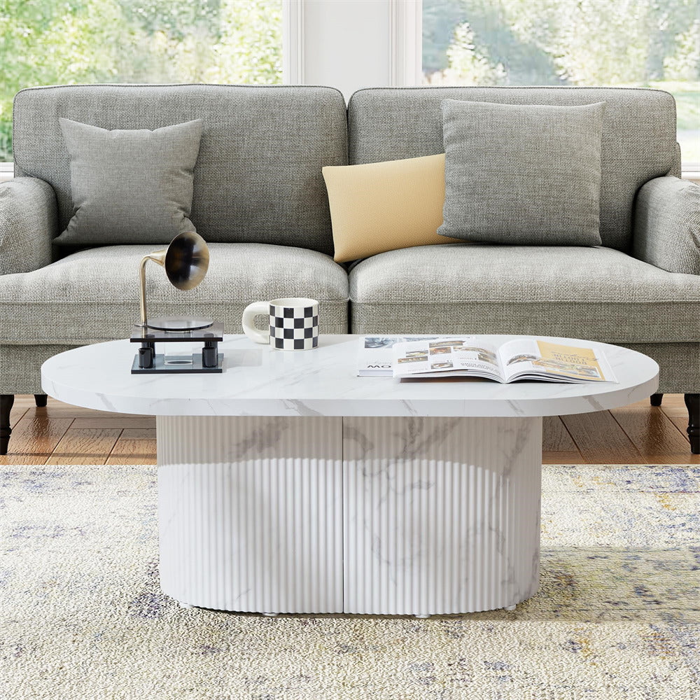 White Modern Faux Marble Wood Oval Fluted Coffee Table
