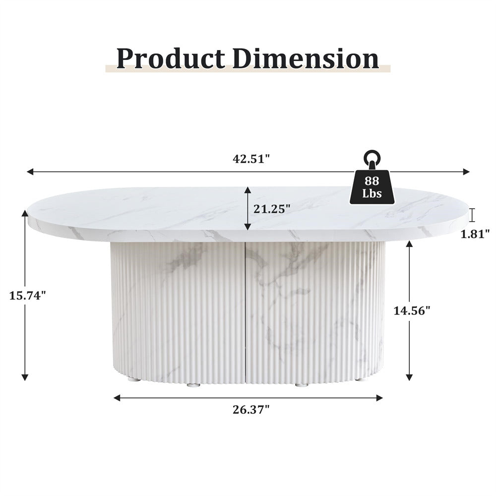 Measurement chart of a white marble coffee table with dimensions and weight.