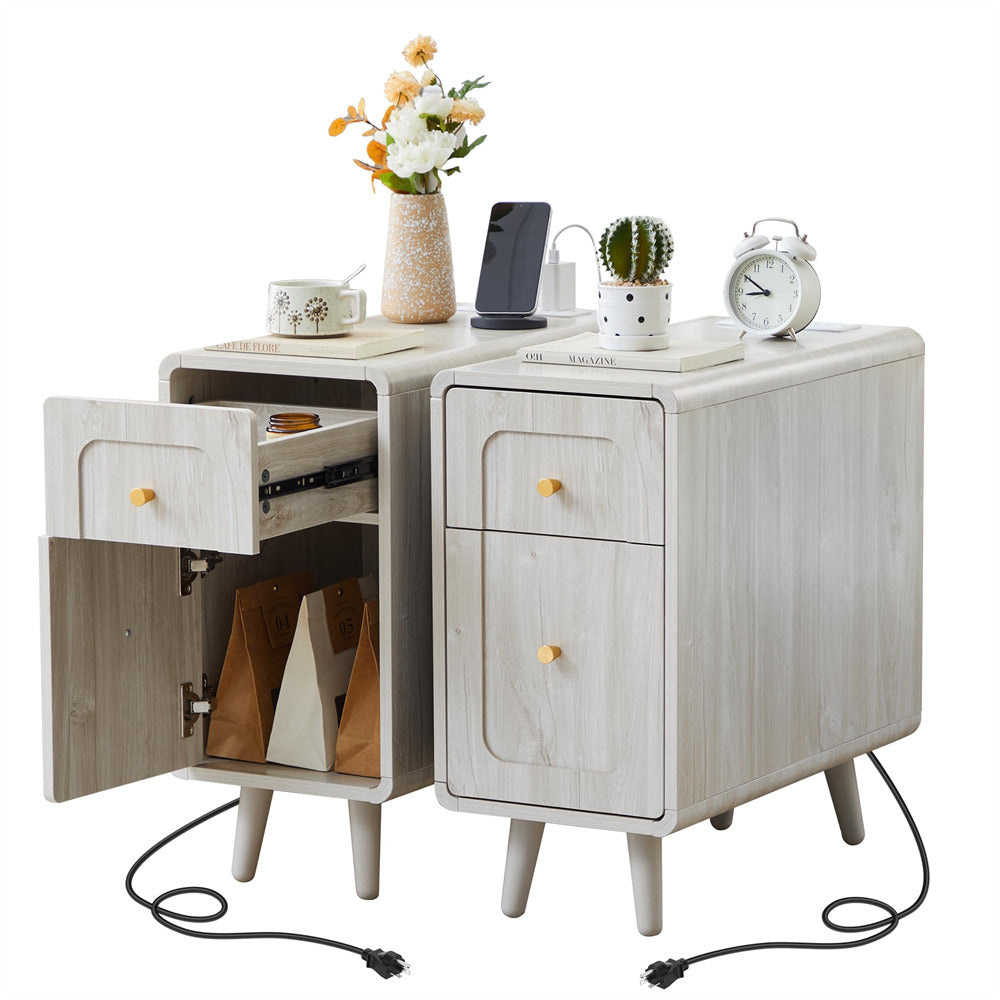 White Narrow Side Table Set of 2 Wood Nightstand with Charging Station & Storage