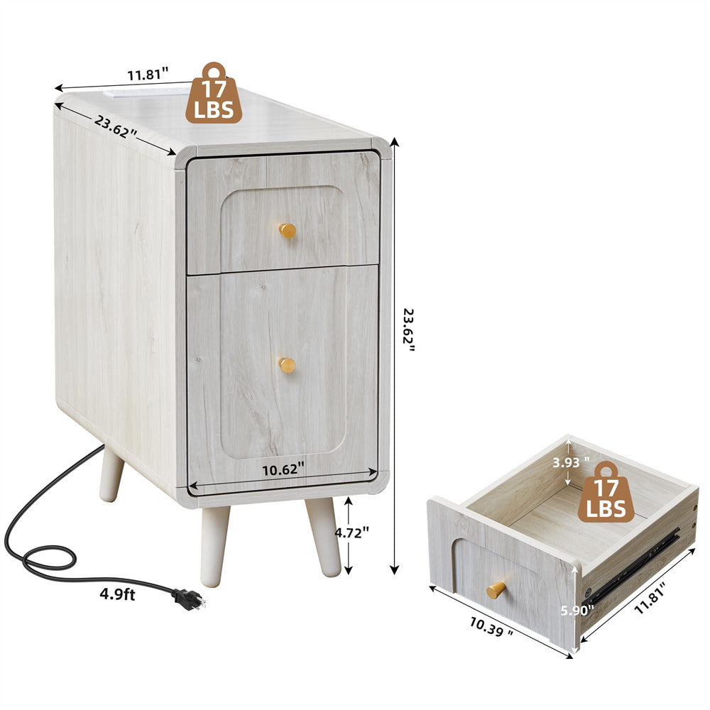 A light wood nightstand with two drawers, shown with dimension lines and weight labels on a white background. A smaller inset shows the drawer open with additional measurements.