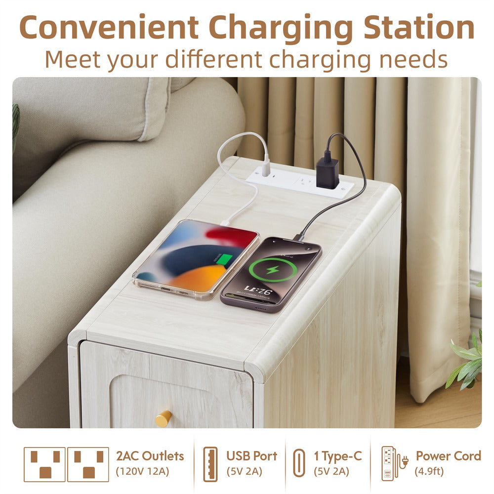 A light wood side table or nightstand shown in a living room setting, charging two smartphones via USB ports and a power cord. Large text at the top reads 'Convenient Charging Station Meet your different charging needs,' and feature icons and text along the bottom describe outlets, USB port, 1 Type-C port, and power cord details.