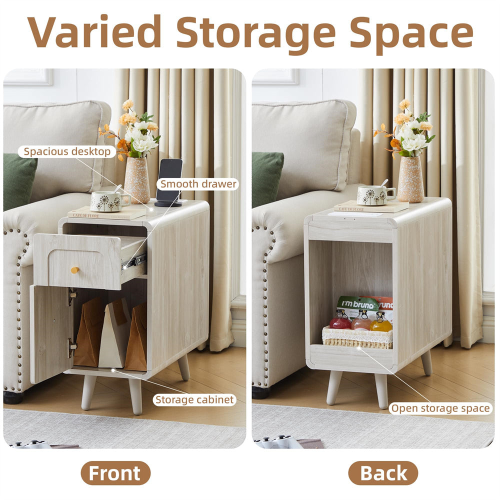 A side-by-side product comparison showing a light wood storage end table from two angles, labeled Front and Back. The table has a single drawer on the front view and an open storage cabinet on the back view, shown next to a sofa in a living room setting with curtains and flowers.