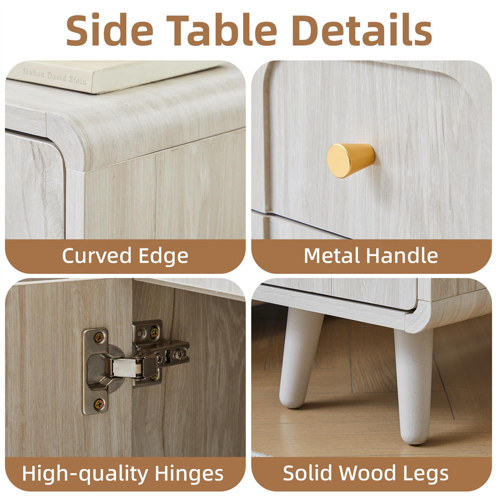 Four-panel detail collage titled 'Side Table Details' showing close-ups of a light wood side table: curved edge detail, metal drawer handle, high-quality hinges, and solid wood legs, with brown label bands naming each feature.