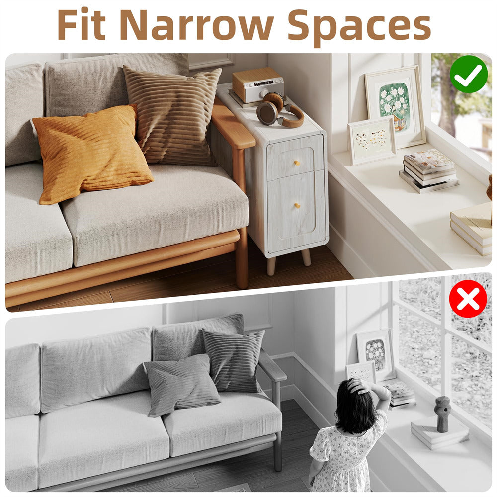 A split comparison graphic showing a sofa in a living room with and without narrow window seat extensions. The top half is in color and shows a light gray sofa with mustard and brown pillows next to a white side table; a green checkmark appears in the top right.