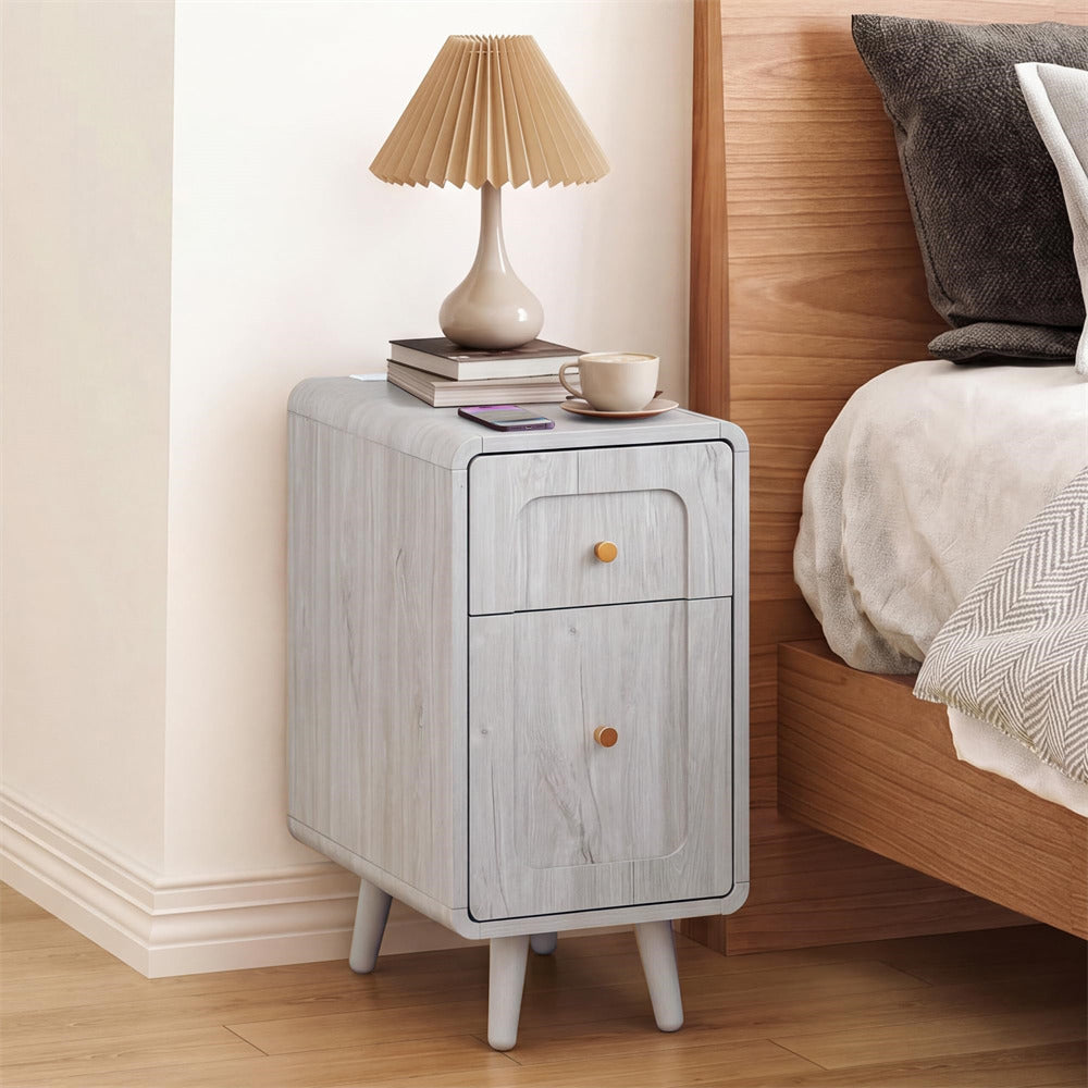 White Narrow Side Table Wood Nightstand with Charging Station & Storage