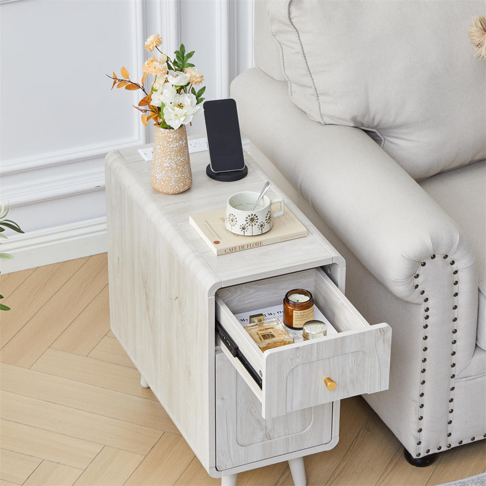 White Narrow Side Table Wood Nightstand with Charging Station & Storage