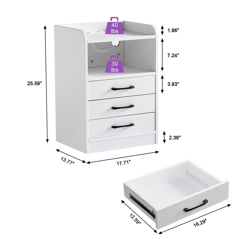 White Smart LED Light Nightstand 3 Drawers with USB Port& Power Outlets