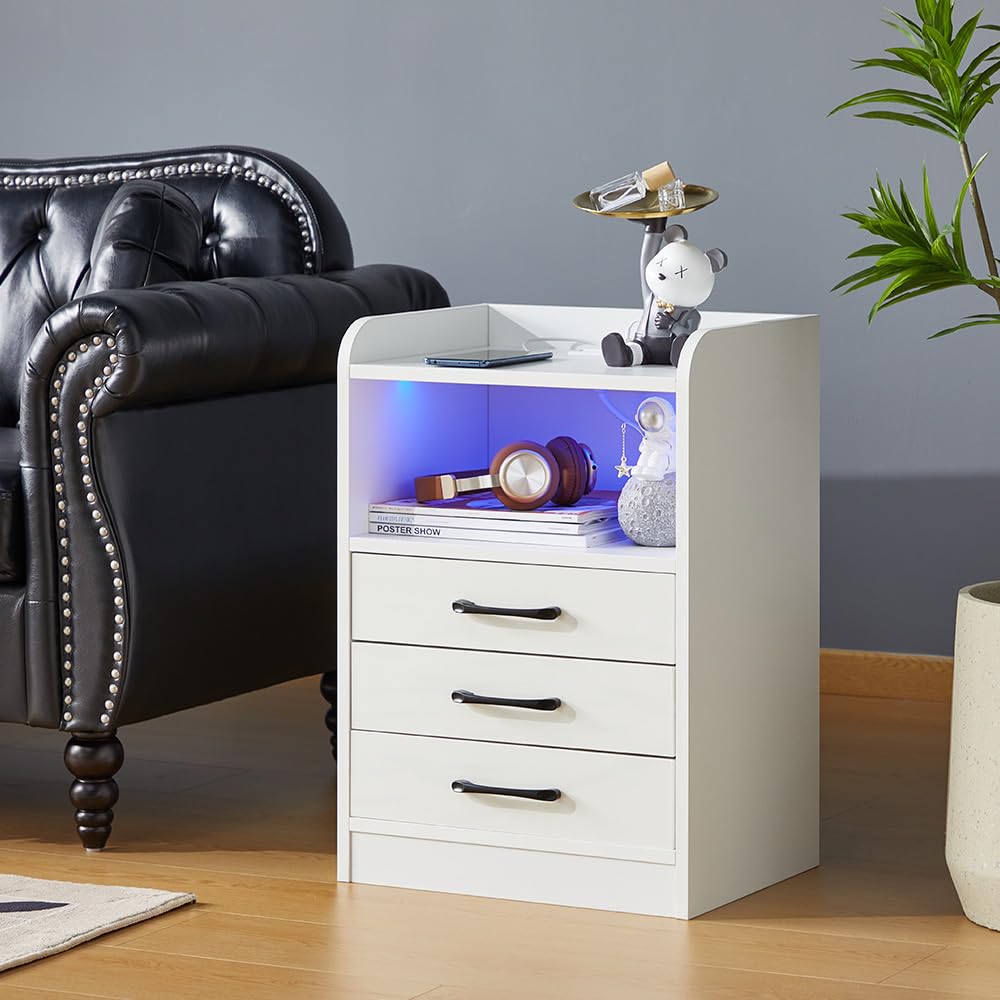 White Smart LED Light Nightstand 3 Drawers with USB Port& Power Outlets