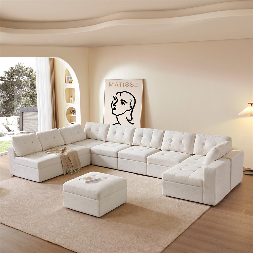 White U Shaped Couch Modular Tufted Sofa Convertible Sectional Sofa with Storage