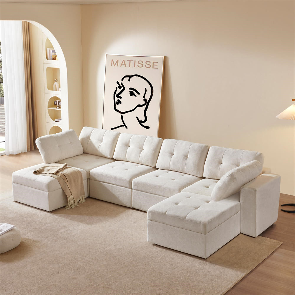 White U Shaped Couch Modular Tufted Sofa Convertible Sectional Sofa with Storage