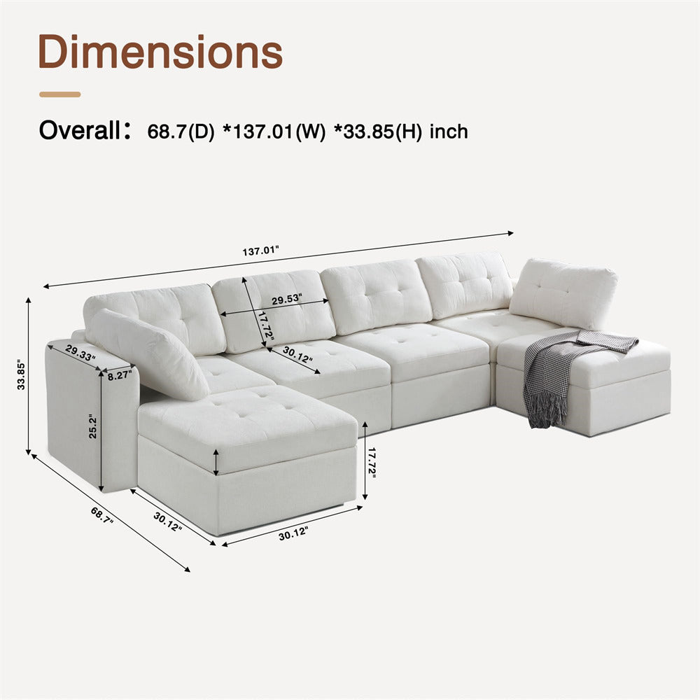 White U Shaped Couch Modular Tufted Sofa Convertible Sectional Sofa with Storage