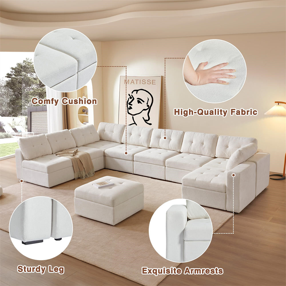 White sectional sofa with features highlighted in a living room setting