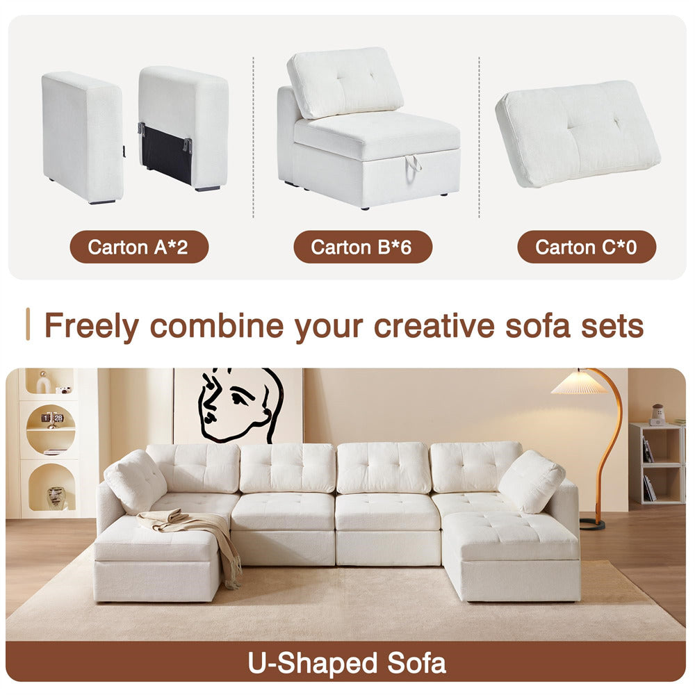 White U-shaped sofa with customizable carton options and a living room setting.