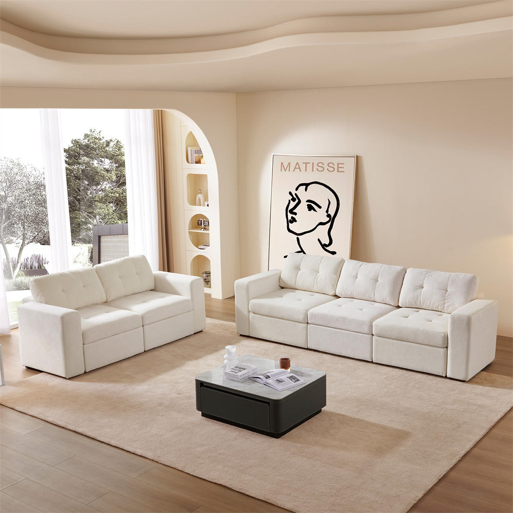 White U Shaped Couch Modular Tufted Sofa Convertible Sectional Sofa with Storage