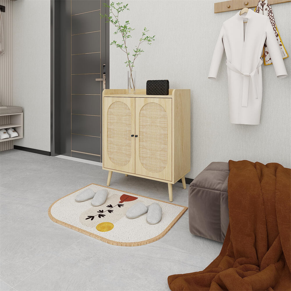 Wood Color Rattan Shoe Cabinet 4-Tier Freestanding Shoe Rack With 2 Rattan Doors