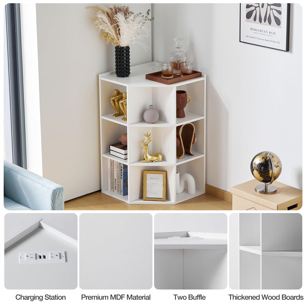 Wooden Corner Storage Cabinet with USB and Outlets White