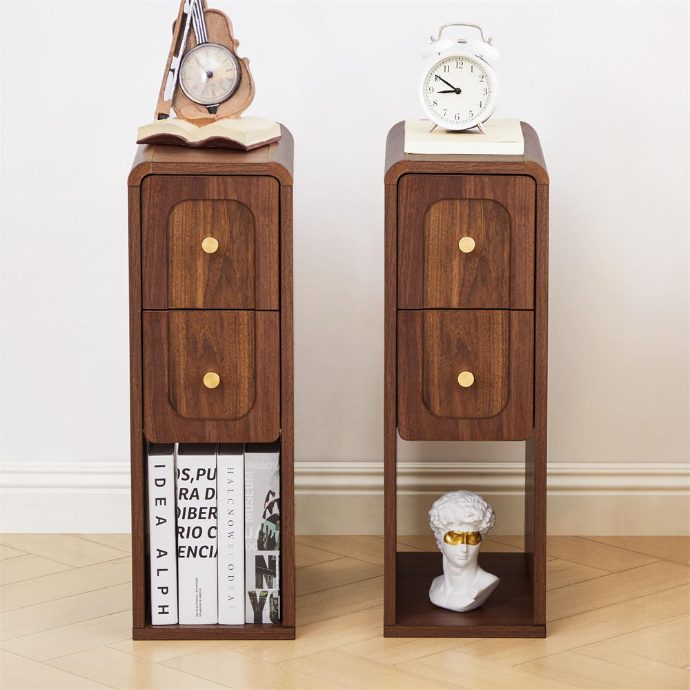 Two wooden nightstands with decorative items on a light background