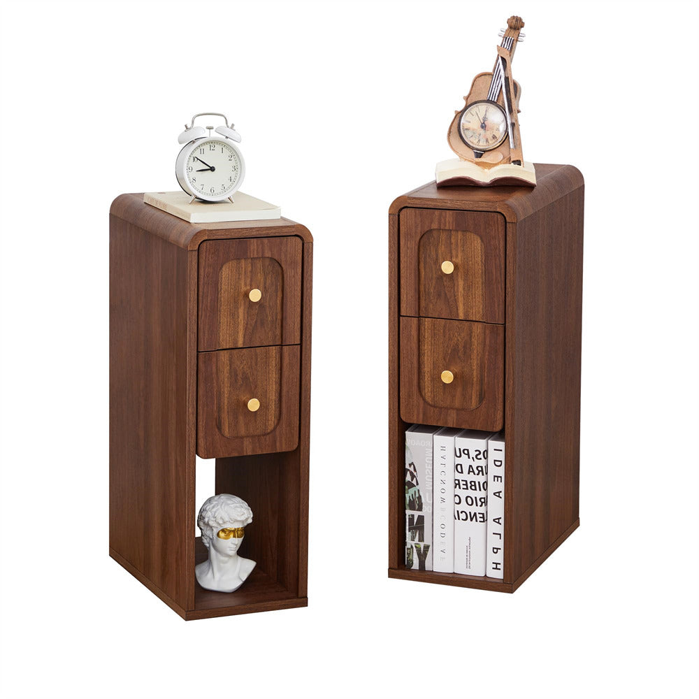 Two matching dark brown wooden nightstands shown side by side on a white background, each with two drawers, a lower open shelf, and decorative objects placed on top and inside.