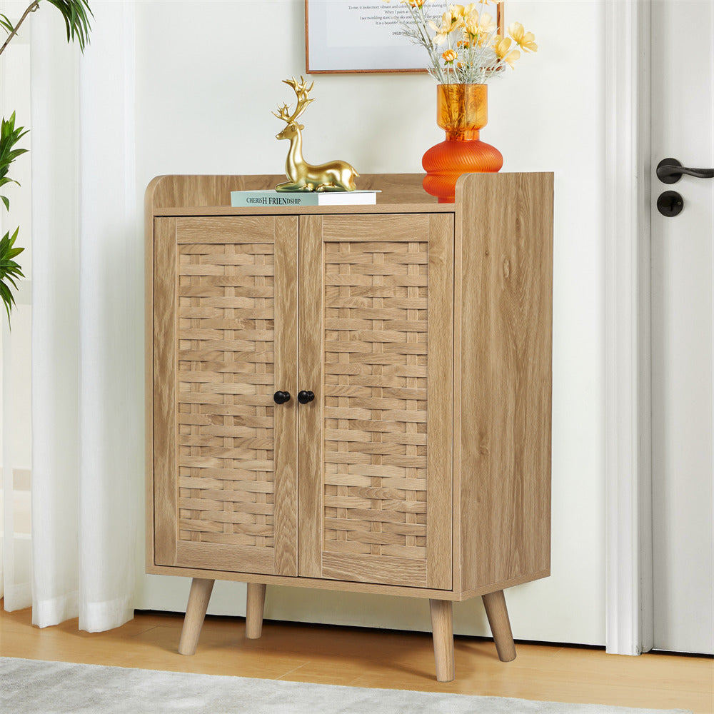 Wooden Shoe Cabinet 4-Tier Freestanding Shoe Rack Natural With with Woven Doors