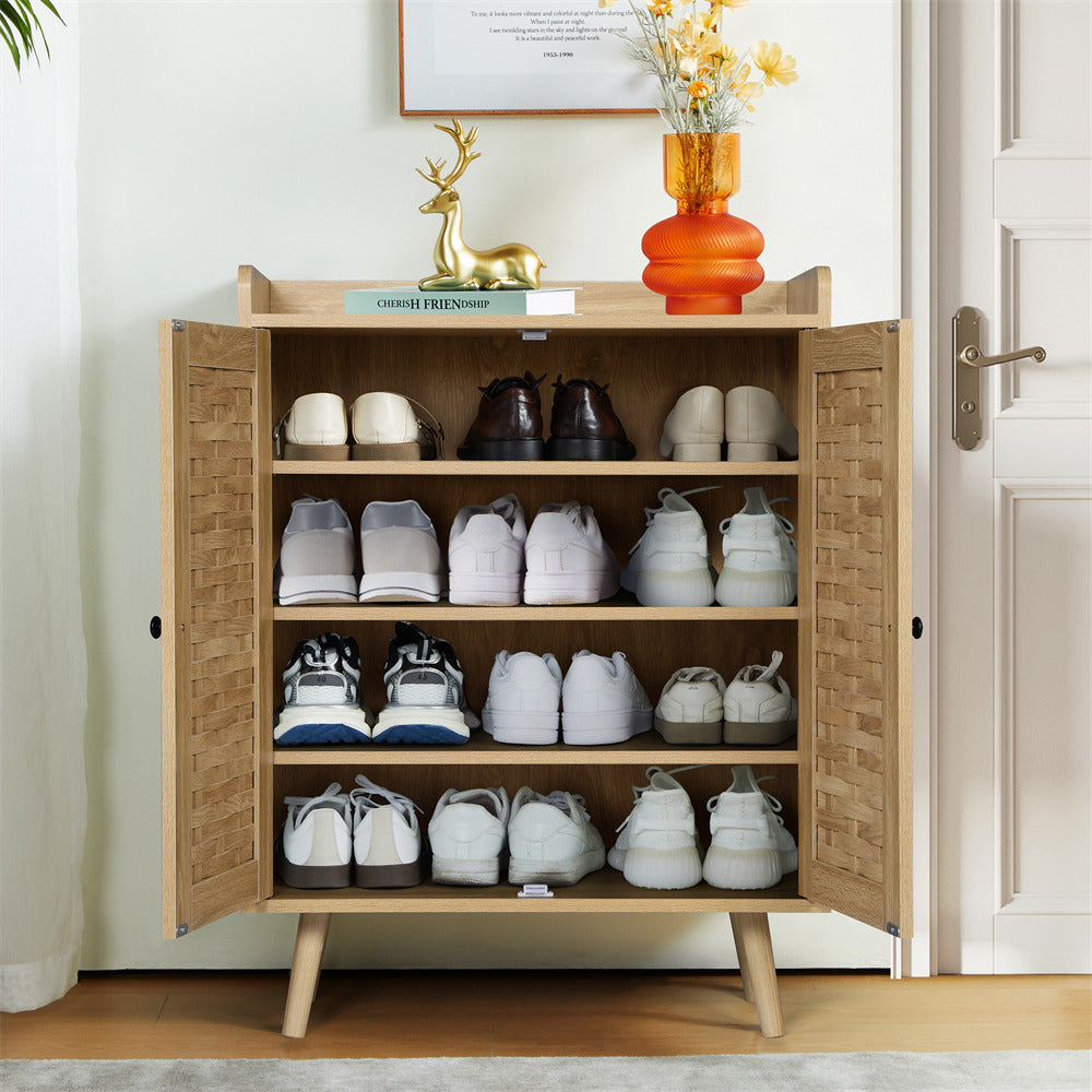 Wooden Shoe Cabinet 4-Tier Freestanding Shoe Rack Natural With with Woven Doors