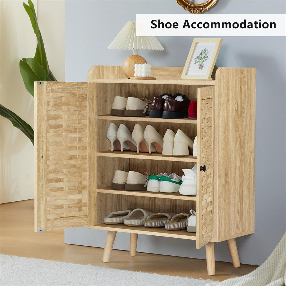 Wooden Shoe Cabinet 4-Tier Freestanding Shoe Rack Natural With with Woven Doors