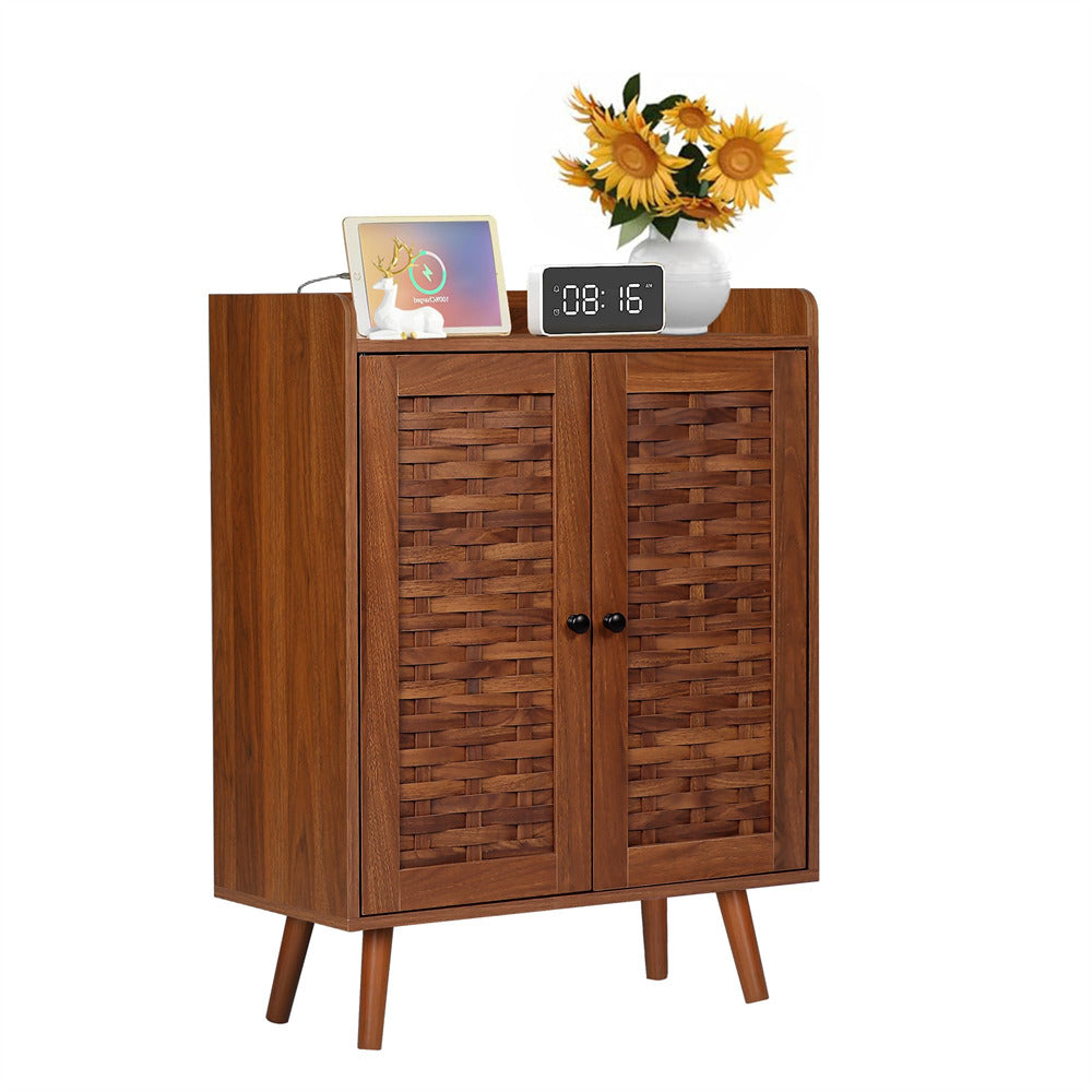 Wooden Shoe Cabinet 4-Tier Freestanding Shoe Rack Walnut With with Woven Doors