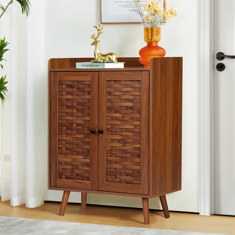 Wooden Shoe Cabinet 4-Tier Freestanding Shoe Rack Walnut With with Woven Doors