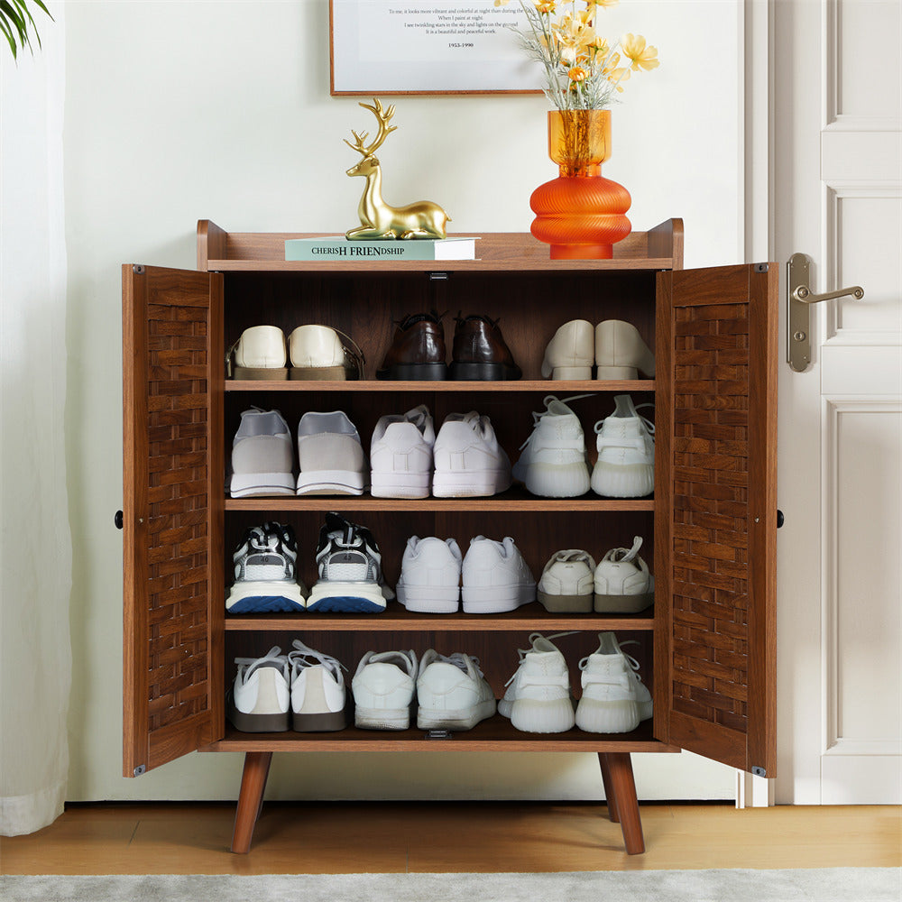 Wooden Shoe Cabinet 4-Tier Freestanding Shoe Rack Walnut With with Woven Doors