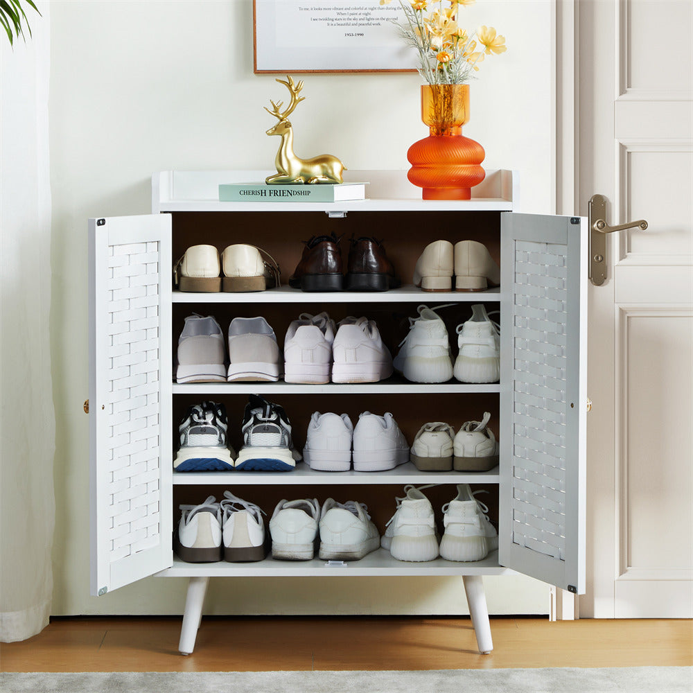Wooden Shoe Cabinet 4-Tier Freestanding Shoe Rack White With with Woven Doors