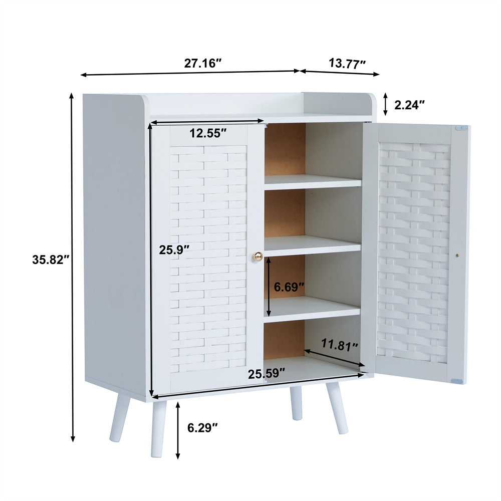 Wooden Shoe Cabinet 4-Tier Freestanding Shoe Rack White With with Woven Doors Size