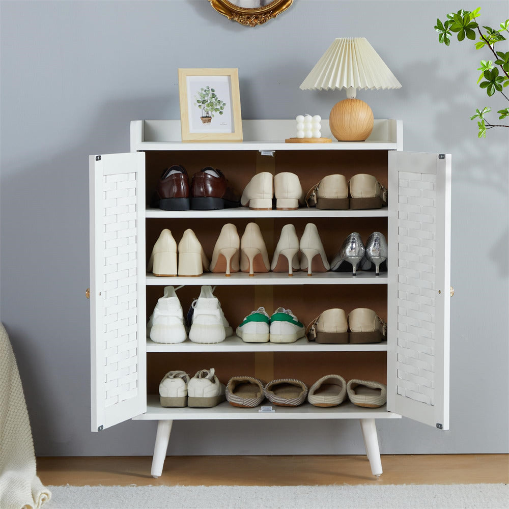 Wooden Shoe Cabinet 4-Tier Freestanding Shoe Rack White With with Woven Doors