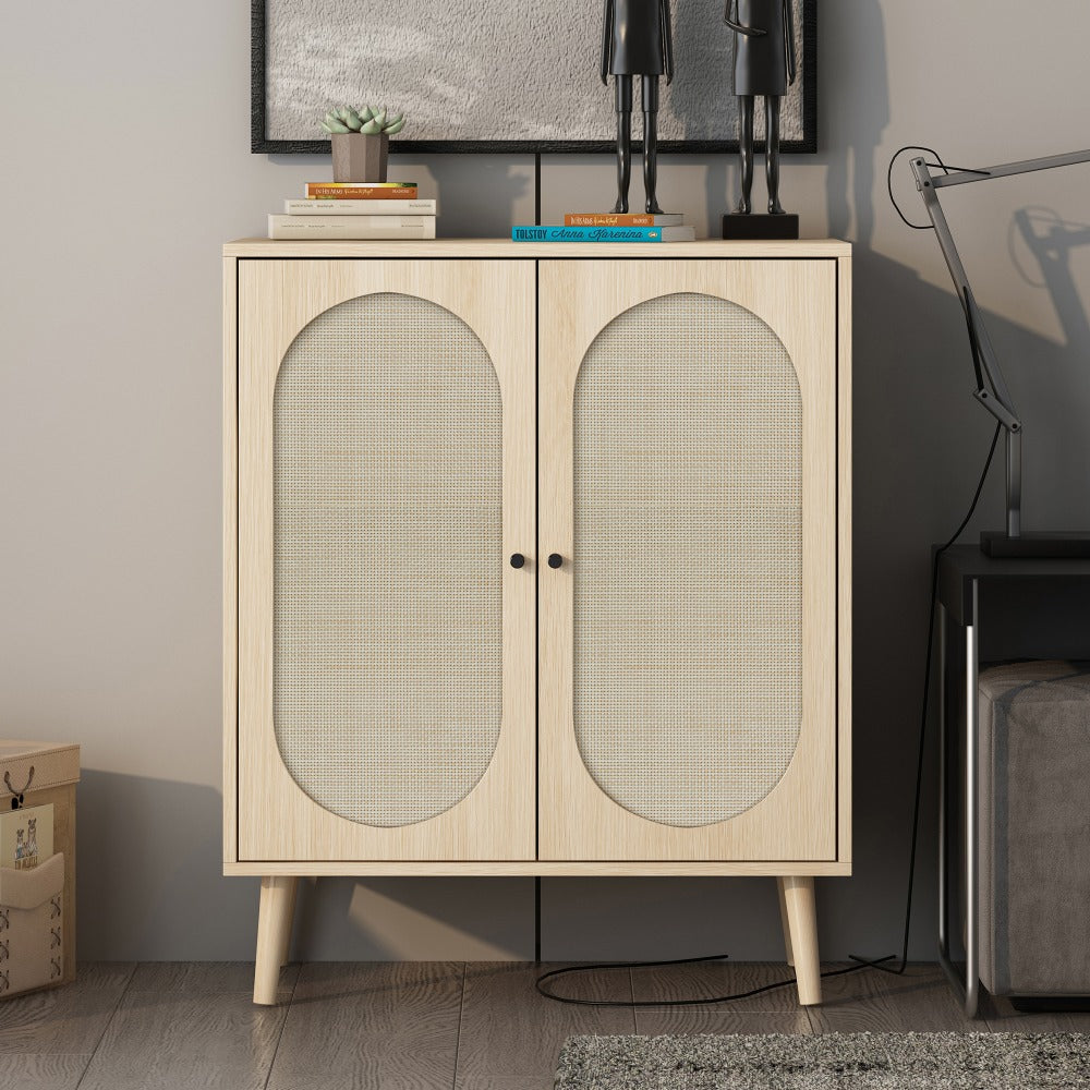 Wooden Sideboard Cabinet Natural with Handmade Rattan Doors