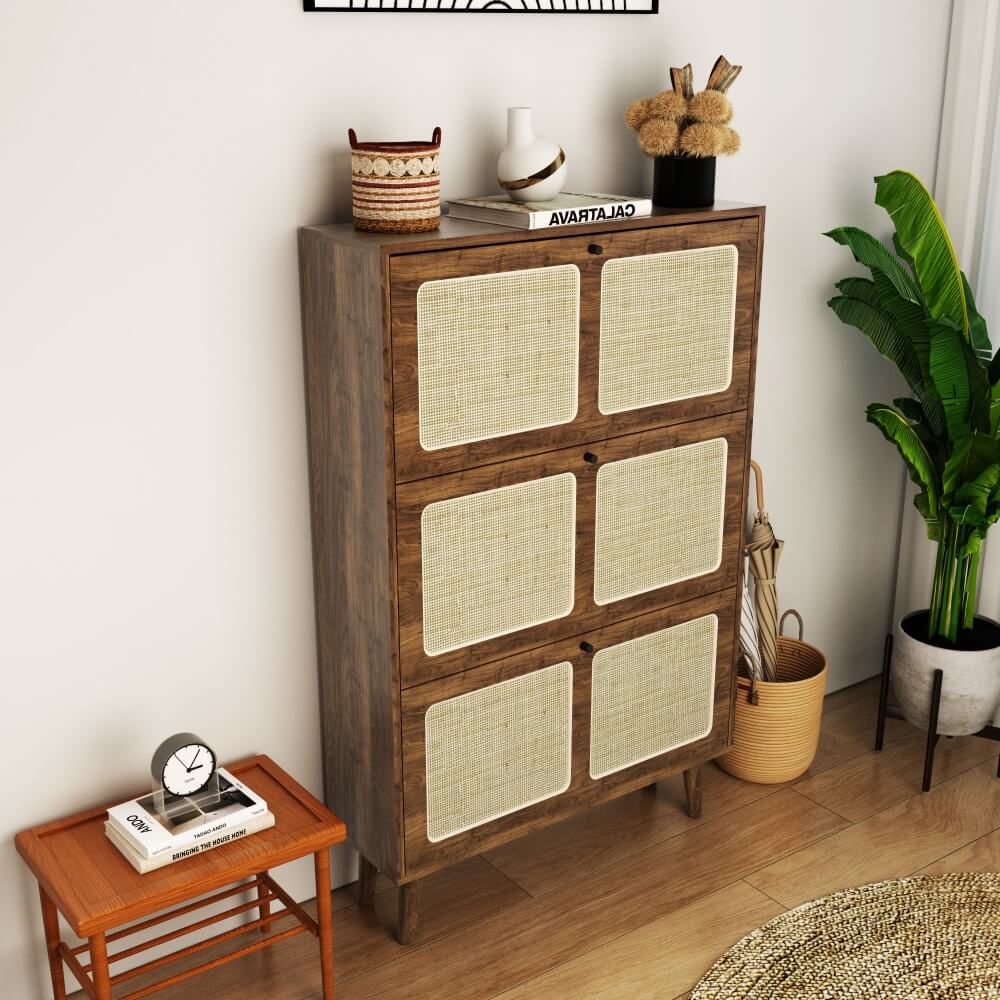Dropship Natural Rattan 3 Door Shoe Rack; Freestanding Modern Shoe Storage  Cabinet; For Entryway to Sell Online at a Lower Price