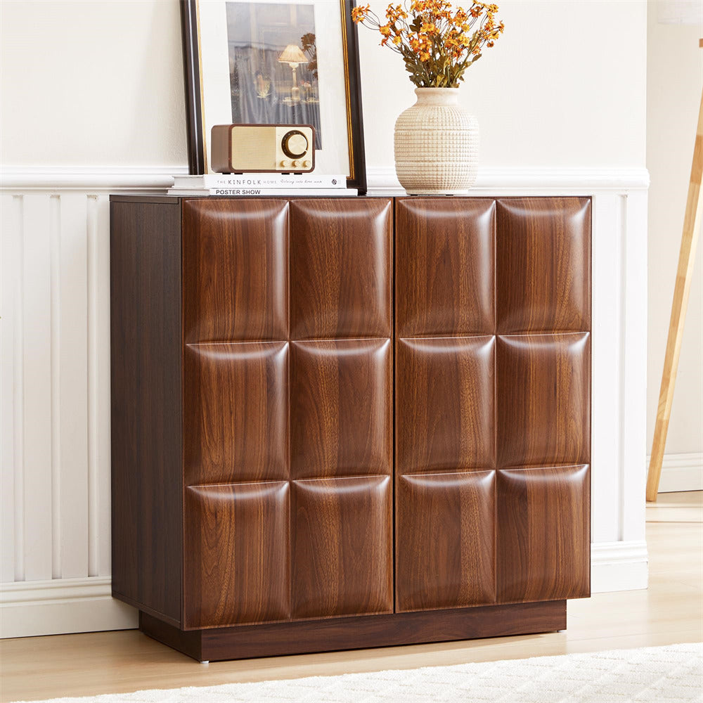 Walnut Mid Century Modern Credenza Wood Storage Cabinet Sideboard with Plaid Pattern