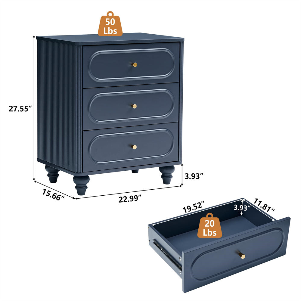 Blue dresser with dimensions and weight indicators on a white background