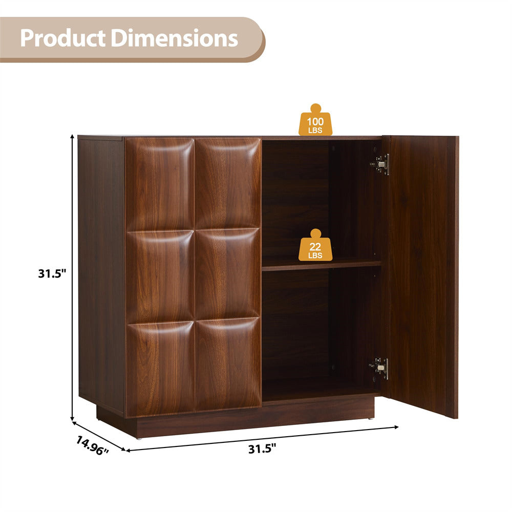 Wooden cabinet with open doors showing dimensions on a white background