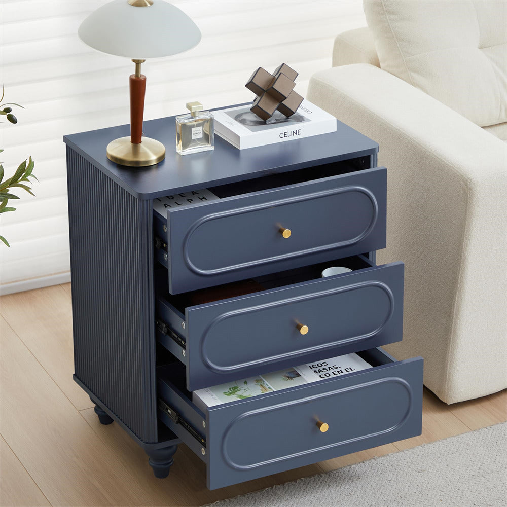 Blue nightstand with open drawer in a living room setting