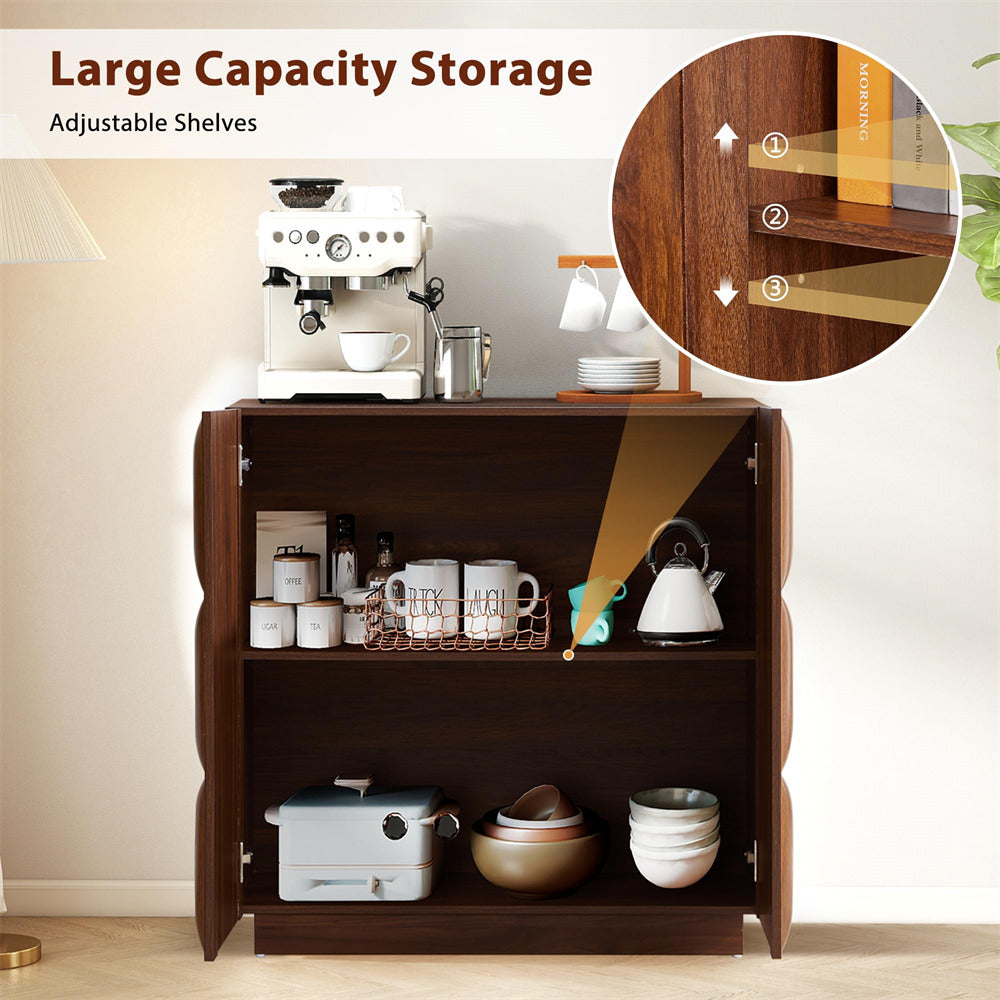Wooden storage cabinet with adjustable shelves, kitchen items on display, and close-up of shelf design.