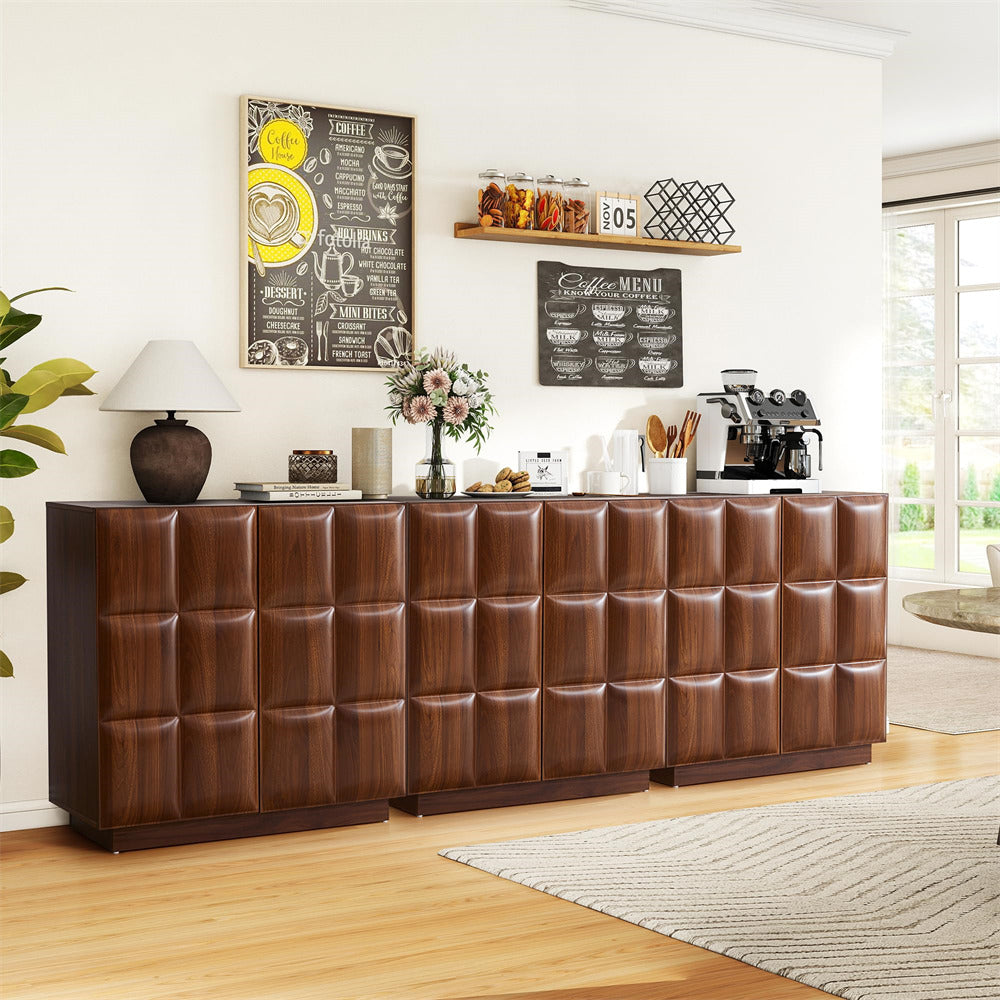 Brown leather sideboard in a room with decor elements and furniture.