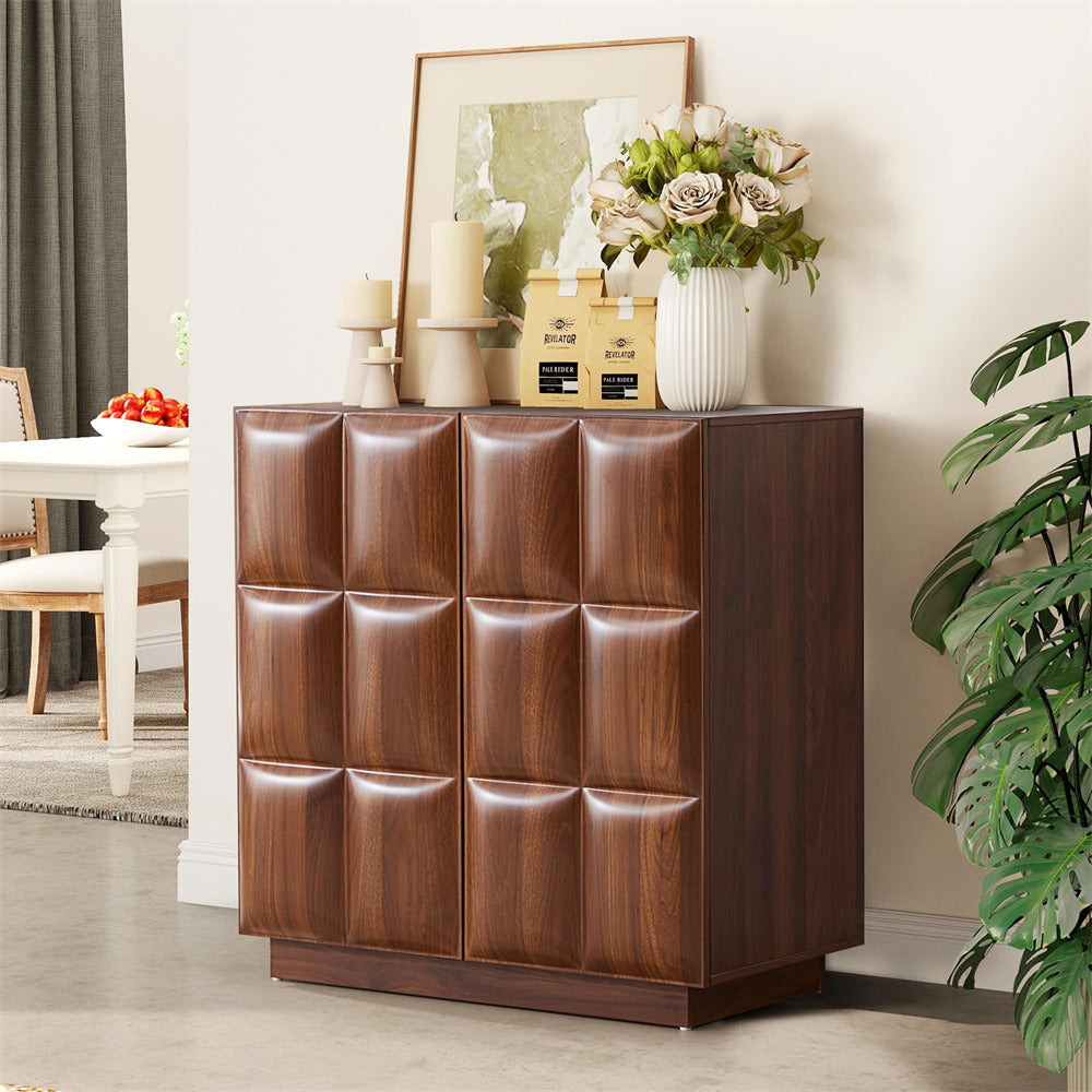 Brown leather cabinet in a room with decor elements like flowers and a table.