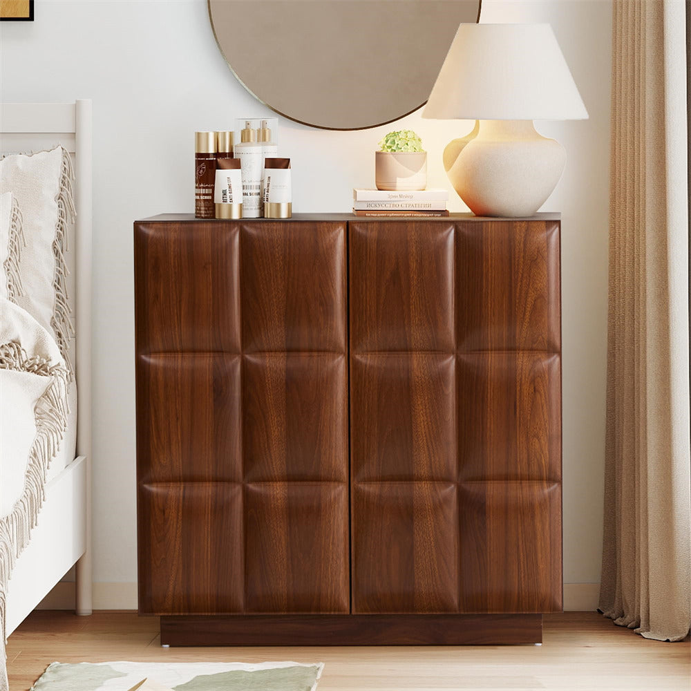 Walnut Mid Century Modern Credenza Wood Storage Cabinet Sideboard with Plaid Pattern