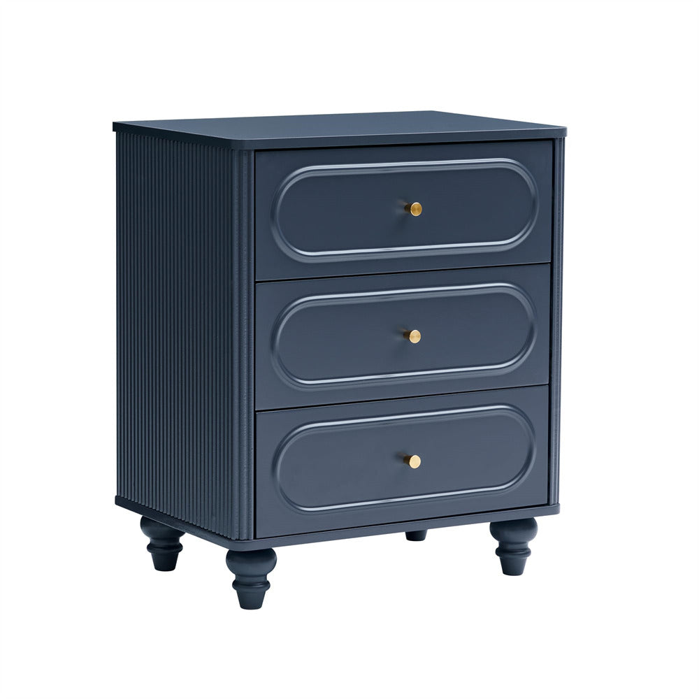 Navy blue dresser with three drawers on a white background