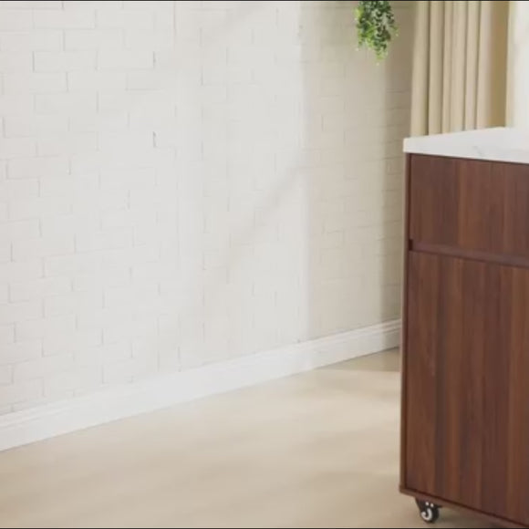 Walnut 47" Mobile Kitchen Island Faux Marble Top Rolling Kitchen Cart on Wheels with Drop Leaf Video