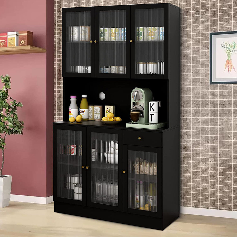 Kitchen Pantry Storage Cabinet Black with 6 Cabinets and 1 Drawer