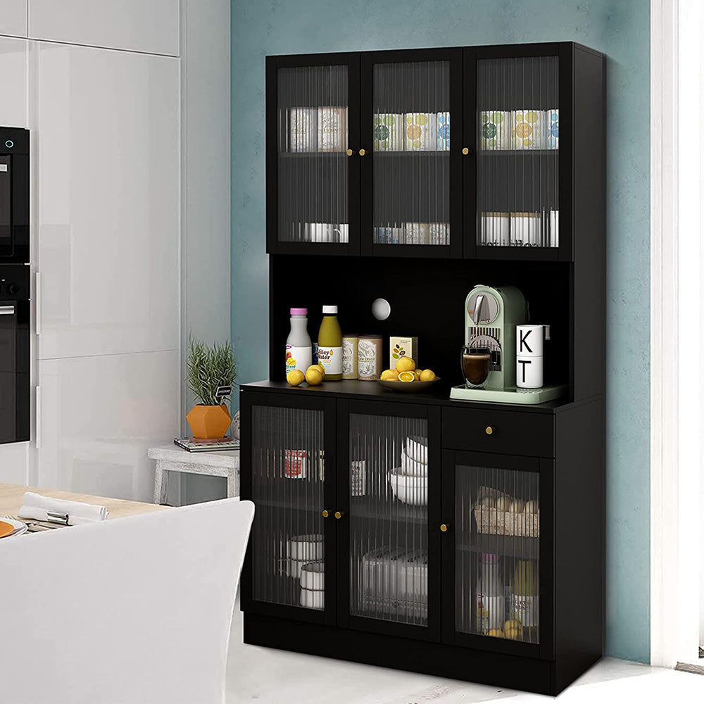 Kitchen Pantry Storage Cabinet Black with 6 Cabinets and 1 Drawer