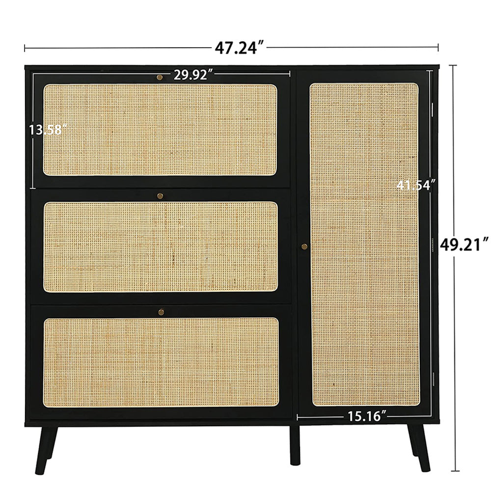 Black Natural Rattan Shoe Cabinet with 3 Flip Drawers and Storage Shelve