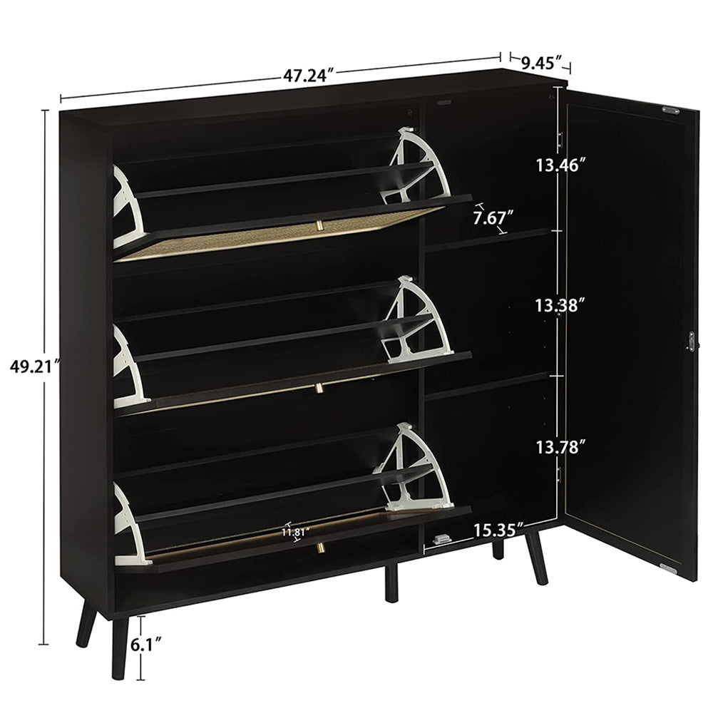 Black Natural Rattan Shoe Cabinet with 3 Flip Drawers and Storage Shelve